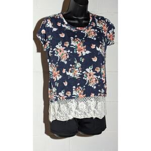 Rewind Floral Print T-Shirt Lace Trim Short Sleeve Top Linen Blend Blouse Small